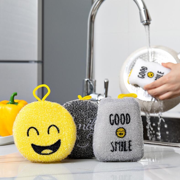 4 PCS/Set Cartoon Smiley Dishwashing Sponge Wipe Kitchen Double-sided Scouring Pad