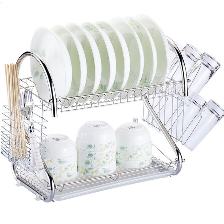 2 Tiers Kitchen Dish Drying Rack Drainer Dryer Tray Cultery Holder