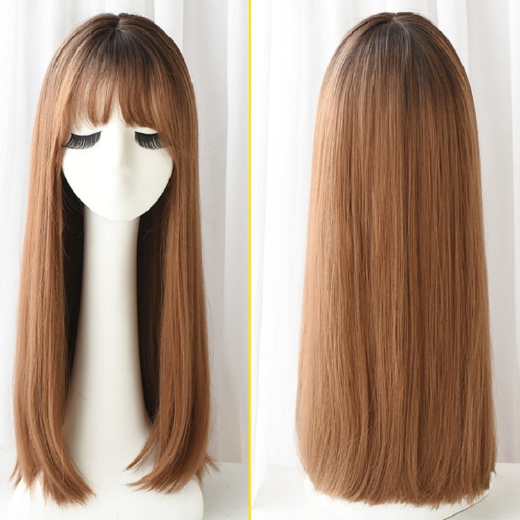 Realistic Long Straight Hair Wig Synthetic Fiber Headgear For Women