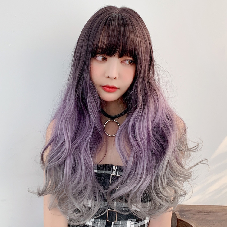 Wig Female Big Wave Gradient Color Long Curly Hair Chemical Fiber Full Bangs Wig Simulation Headgear