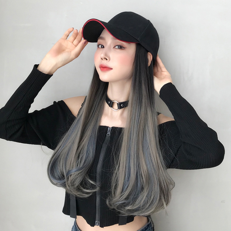 Hat Wig Integrated Gradient Highlighting Long Curly Hair Cap Long Hair Micro-Volume Wig