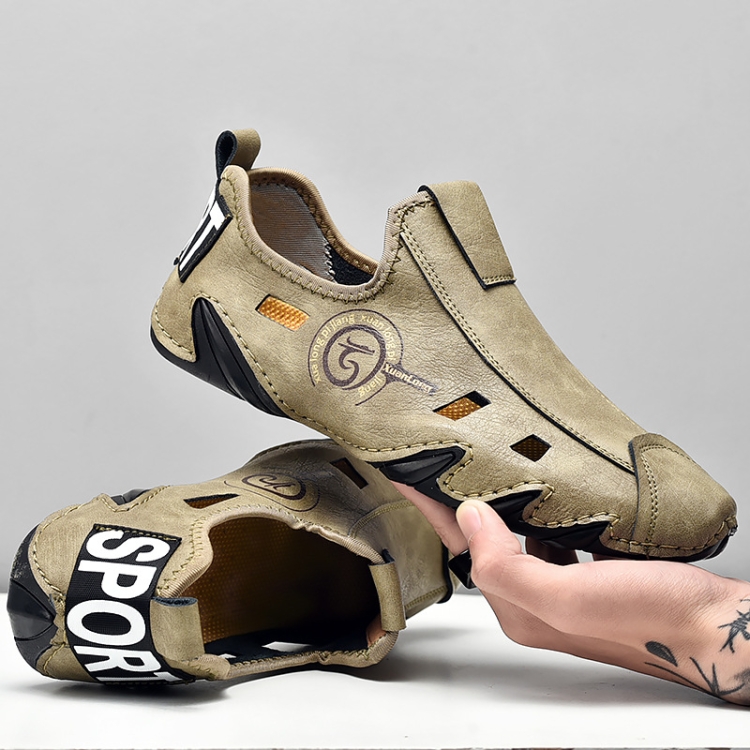 Men Sneakers Large Size Soft Sole Lazy Hollow Leather Shoes All-Match Peas Shoes