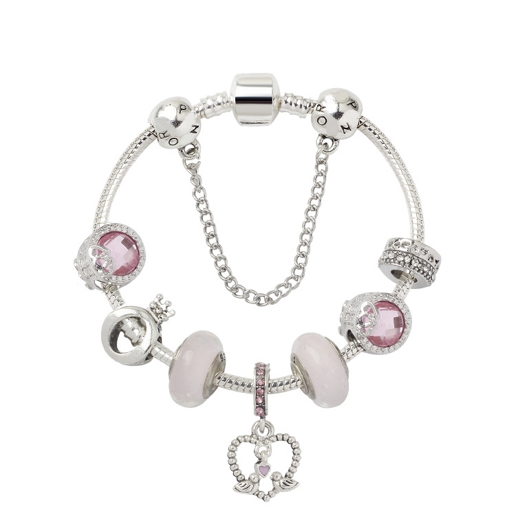 SL85 Colored Glaze Large Hole Bead Bracelet Alloy Pink Series Love Bird Pendant Bracelet,Size:
