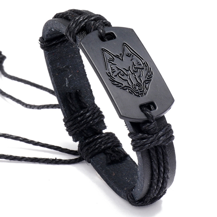 B01916 Men Leather Wolf Head Woven Bracelet