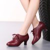Latin Dance Shoes Women Leather Square Dance Soft Soled Medium Heels Shoes