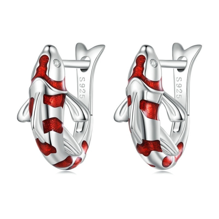 Sterling Silver S925 Zirconia White Gold Plated Good Luck Koi Earrings