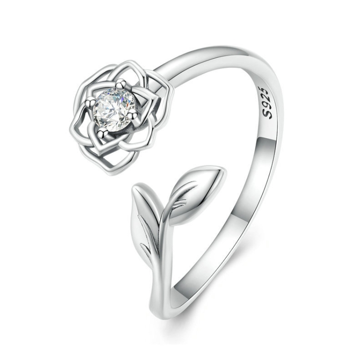 Sterling Silver S925 Silver Camellia Zirconia Ring
