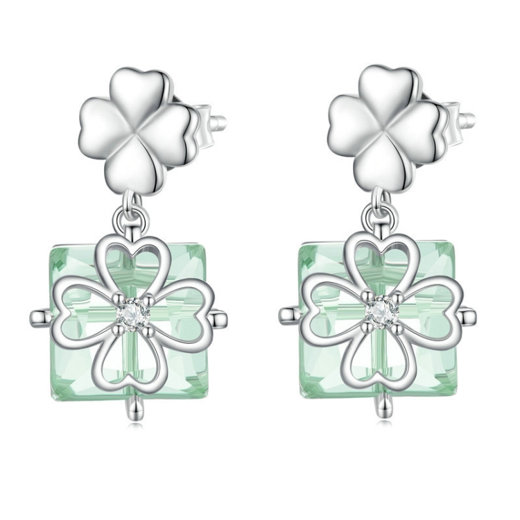 Sterling Silver S925 White Gold Plated Verdant Leaf Clover Earrings