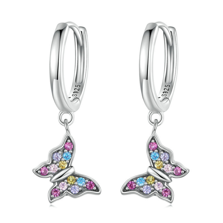 Sterling Silver S925 Colorful Butterfly Insect Zirconia Earrings