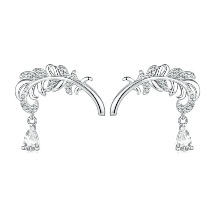 Sterling Silver S925 White Gold Plated Feather Drop Zirconia Stud Earrings