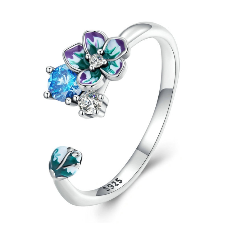 Sterling Silver S925 Gradient Zircon Floral Open Ring