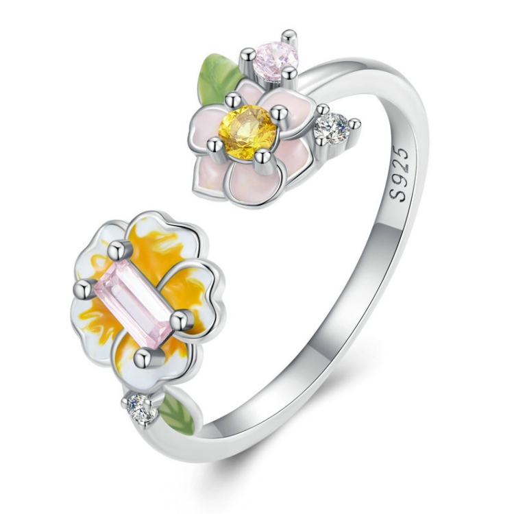 Sterling Silver S925 Beautiful Flower Plated Platinum Open Ring