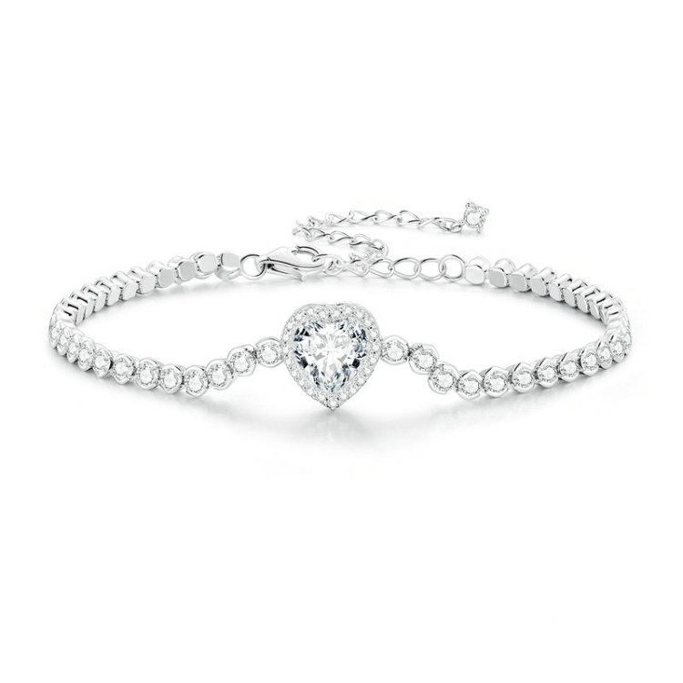 S925 Sterling Silver Sparkling White Gold Plated Heart Zirconia Bracelet