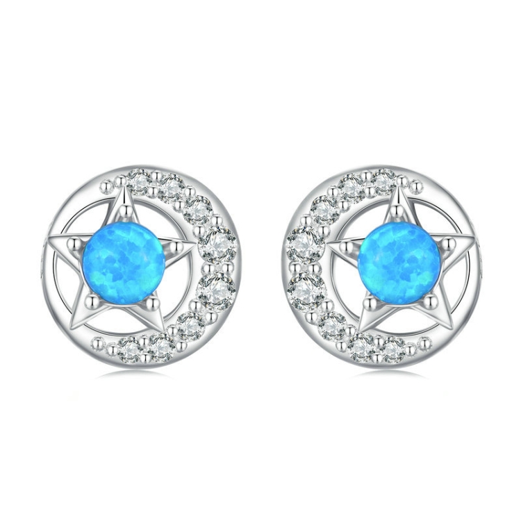 Sterling Silver S925 White Gold Plated Zirconia Opal Star and Moon Earrings