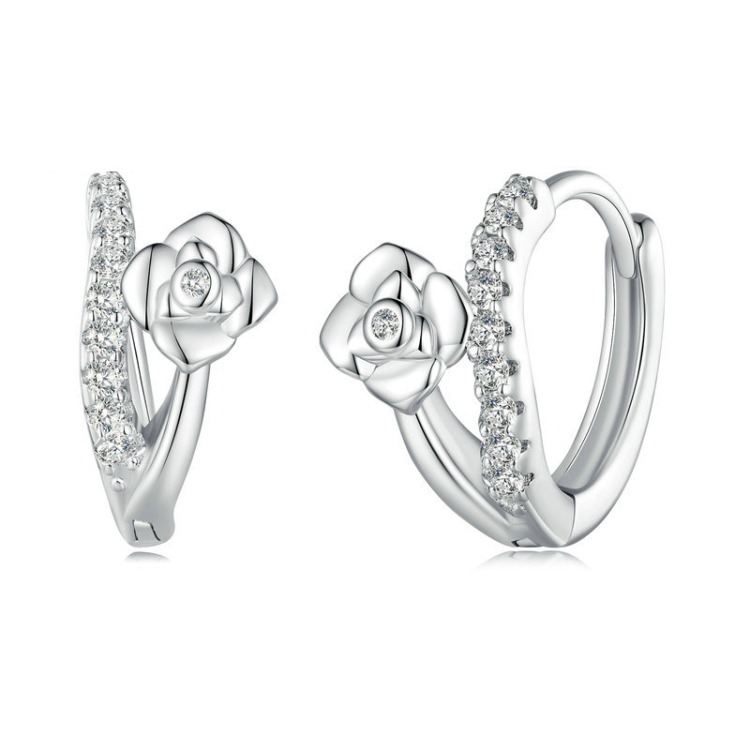 Sterling Silver S925 White Gold Plated Smooth Lines Floral Zirconia Earrings