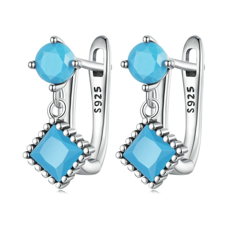 S925 Sterling Silver Prong Set Synthetic Turquoise Geometric Earrings
