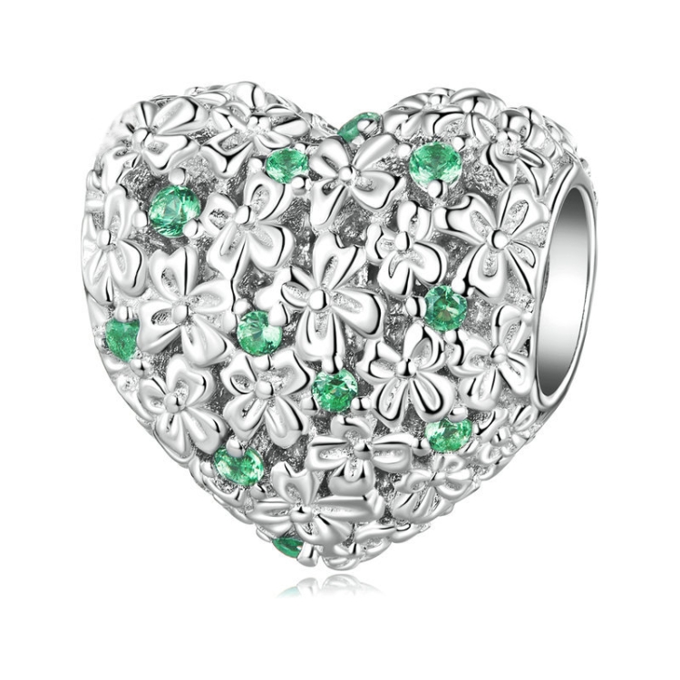 S925 Sterling Silver Lucky Heart Green Zircon Clover Beads