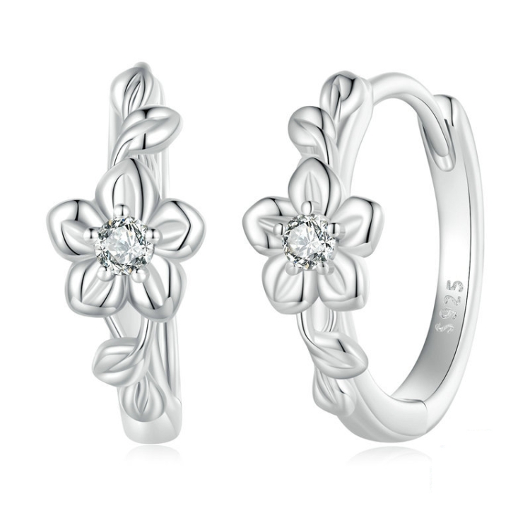 Sterling Silver S925 Small Flower Vine Plated Platinum Zircon Earrings