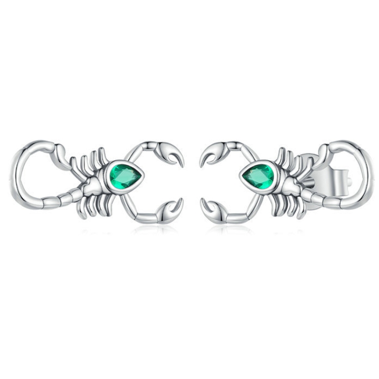 Sterling Silver S925 Green Zircon Scorpion Insect Stud Earrings