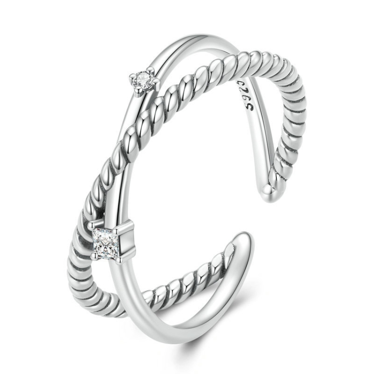Sterling Silver S925 Twist Circle Interlaced Zircon Open Ring