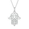 Sterling Silver S925 Hand of Fatima Hollow Lotus Plated Platinum Necklace