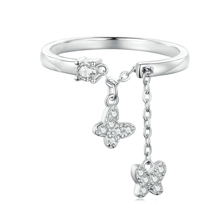 Sterling Silver S925 Butterfly Chain Open Zircon Plated Gold Ring