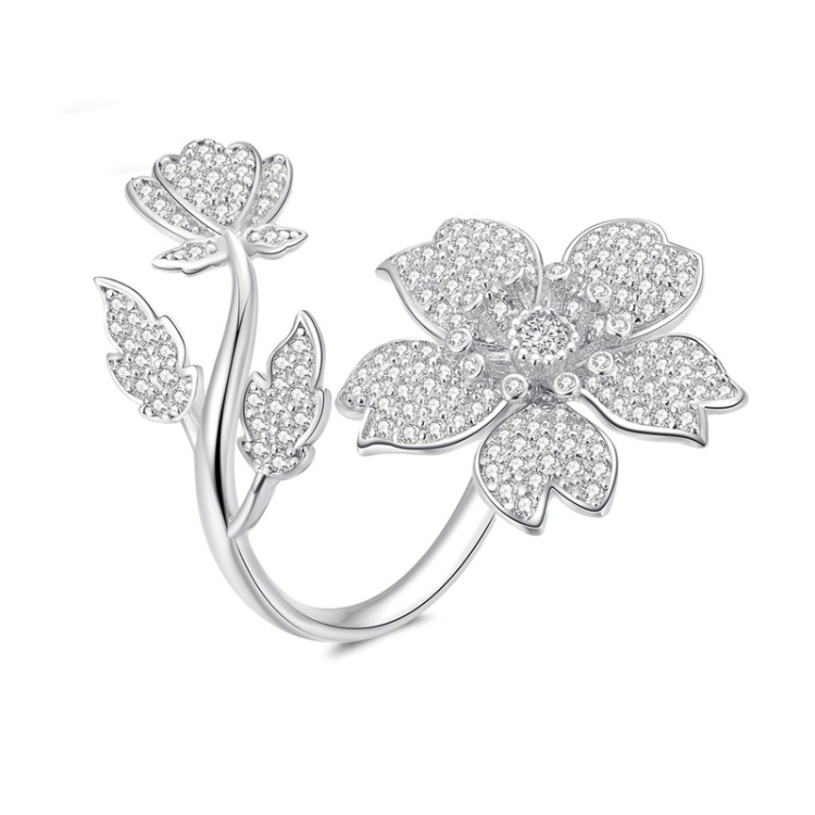 Sterling Silver S925 White Gold Plated Zircon Cherry Blossom Open Adjustable Ring