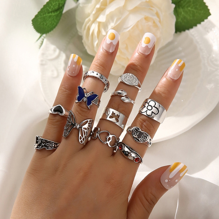 12pcs/set Dazzling Color Gemstone Butterfly Frog Heart Ring