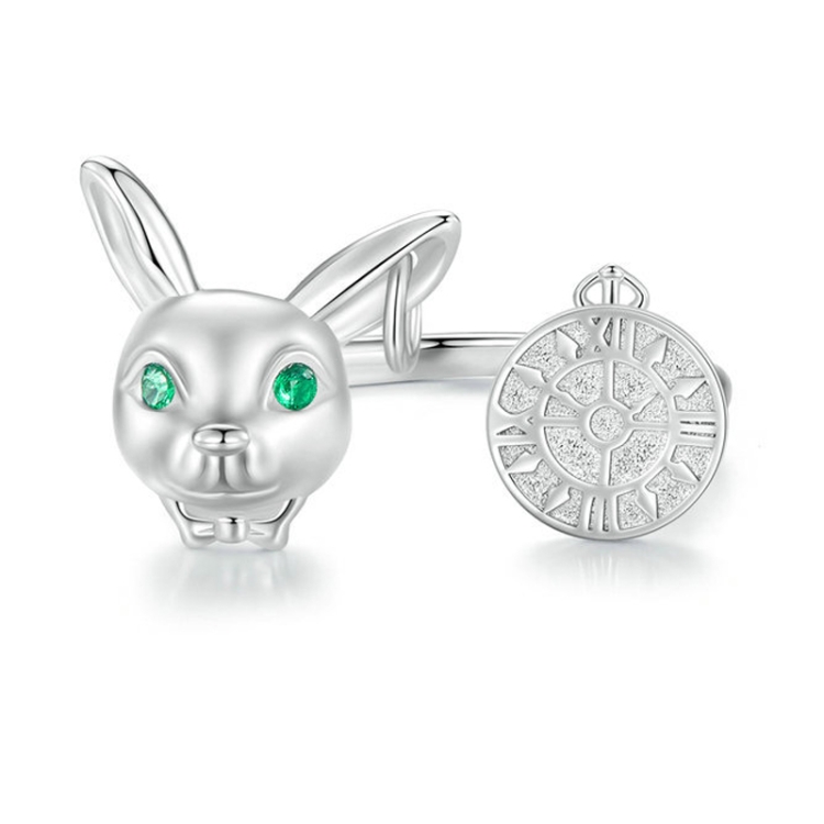 Sterling Silver S925 White Gold Plated Rabbit Clock Opening Adjustable Ring