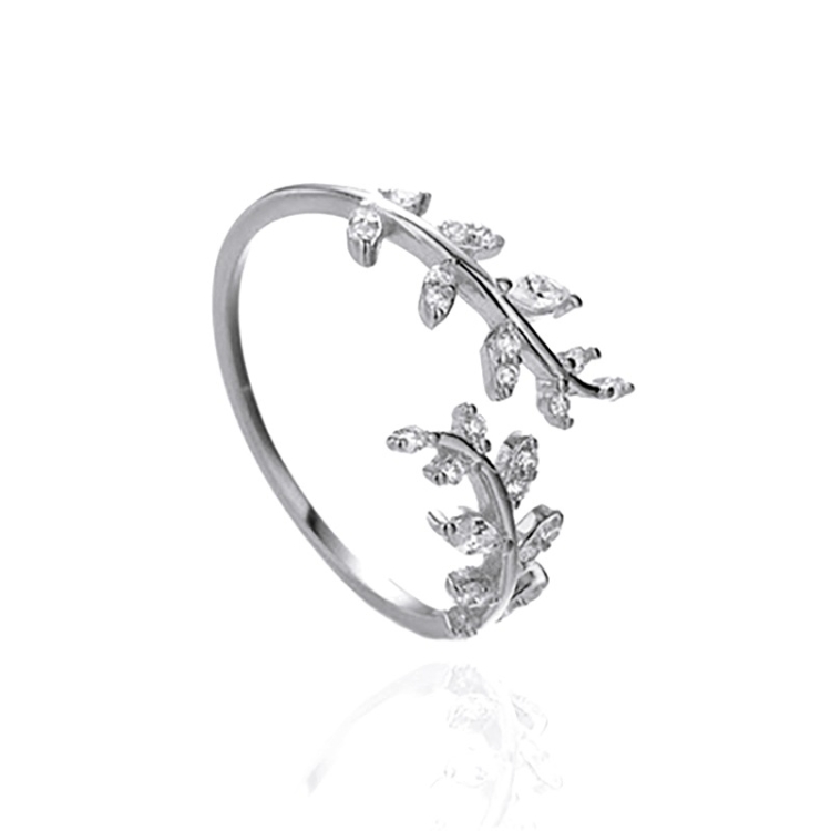 Willow Leaf Opening Sterling Silver Simple Zirconia Tree Branch Ring Bracelet