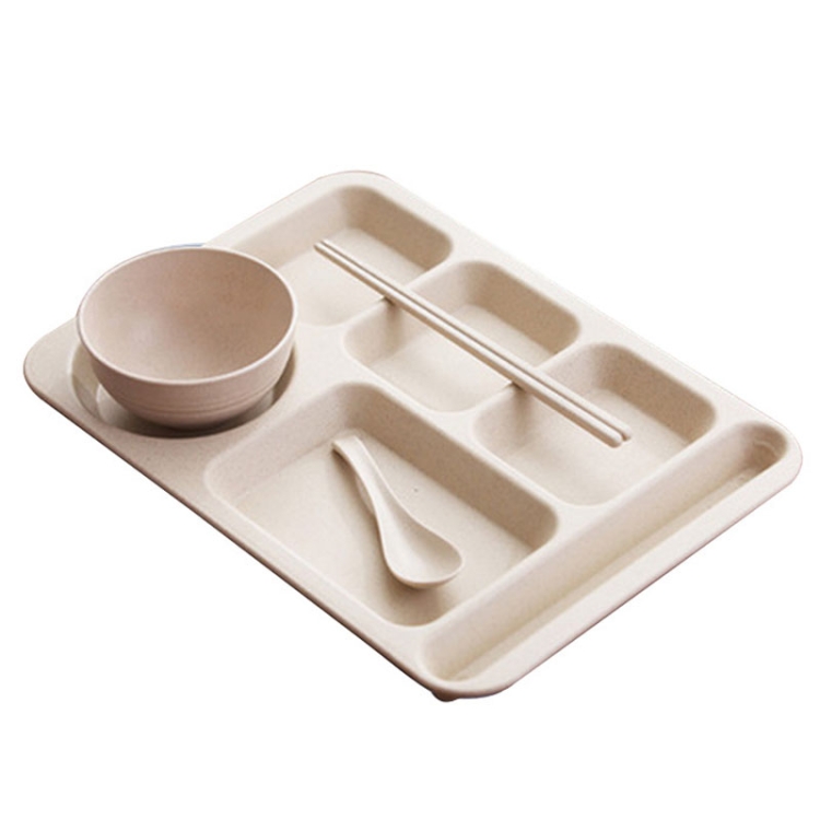 4pcs /Set Wheat Straw Split Dining Plate With Bowl Chopsticks Spoon Tableware Set