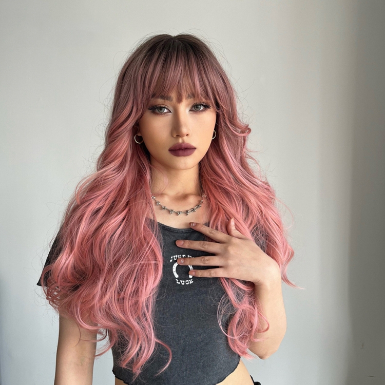 Gradient Pink Long Curly Chemical Fiber Wig Headgear