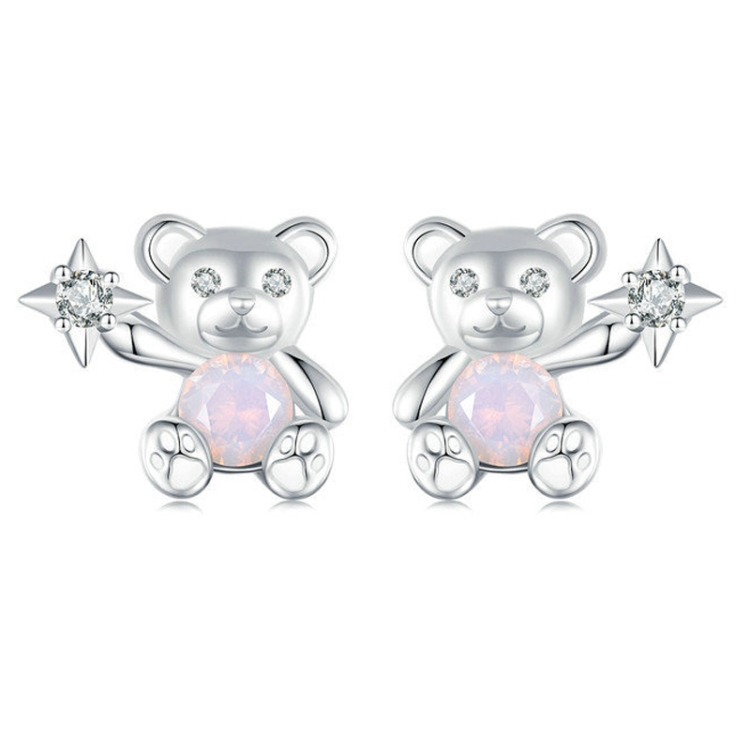 S925 Sterling Silver Platinum Plated Cute Bear Opal Earrings