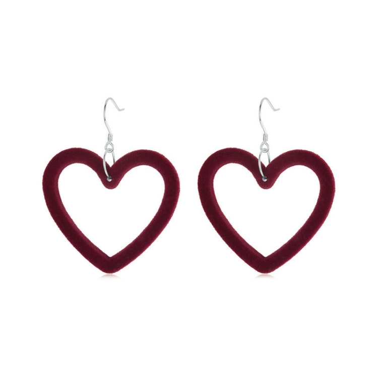 S925 Sterling Silver Velvet Burgundy Love Heart Earrings