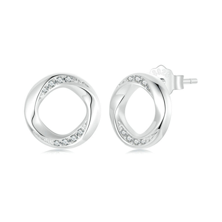 S925 Sterling Silver Platinum Plated Lucky Mobius Ring Stud Earrings