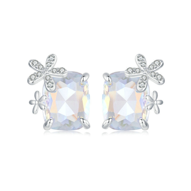 S925 Sterling Silver Platinum-plated Dream Flower Large Main Stone Earrings