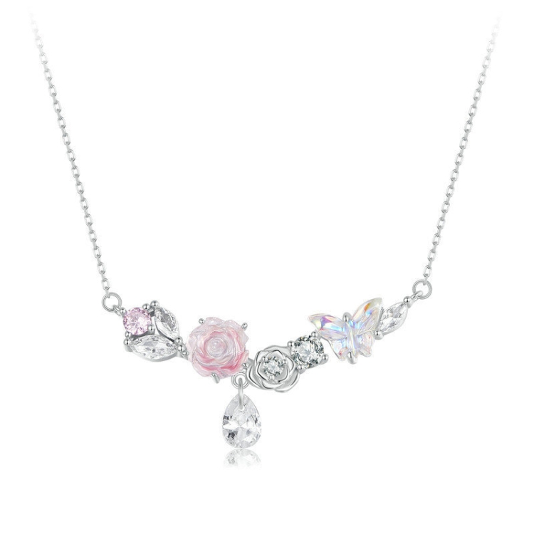 S925 Sterling Silver Platinum Plated Fantasy Butterfly Flower Necklace
