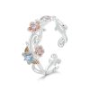 S925 Sterling Silver Romantic Cherry Blossom Butterfly Adjustable Open Ring