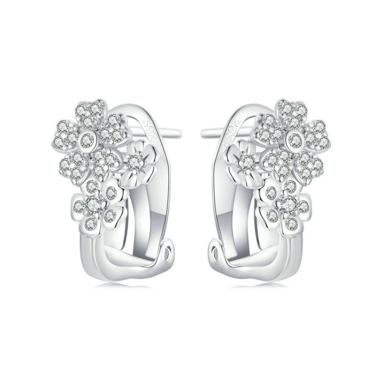 S925 Sterling Silver Platinum Plated Zircon Flower Earrings