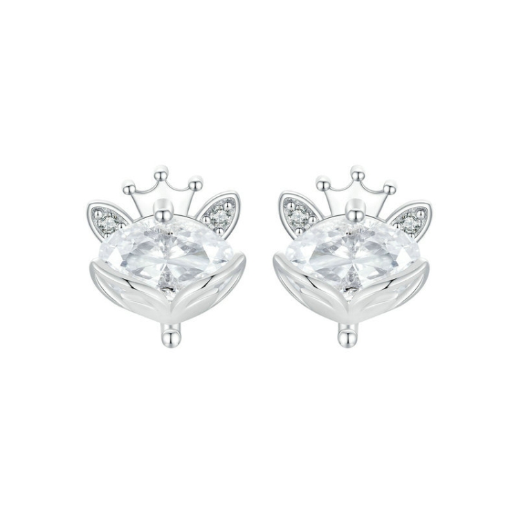 S925 Sterling Silver Platinum Plated Crown Fox Princess Earrings