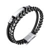 Stainless Steel Glossy Double Braided Leather Magnetic Insert Buckle Bracelet