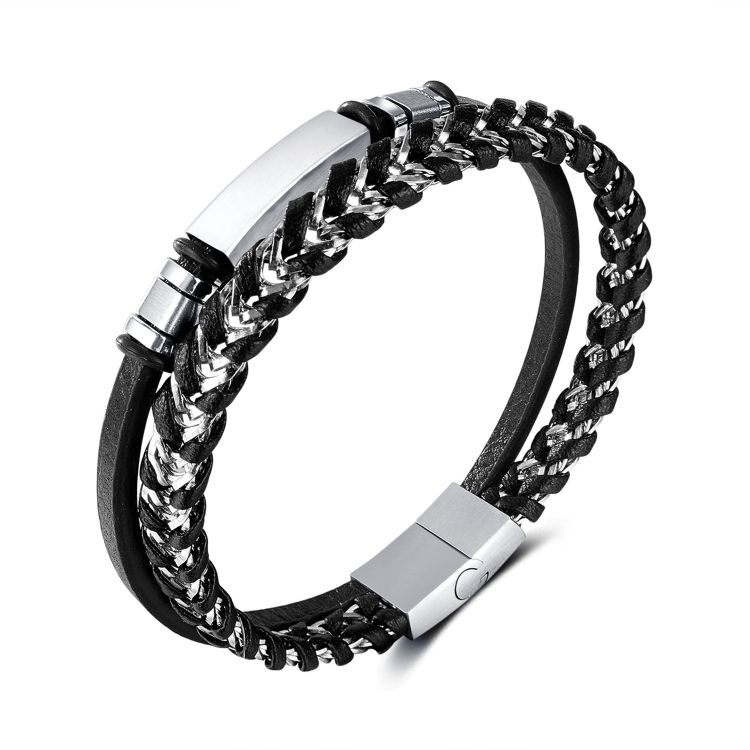 Stainless Steel Glossy Double Braided Leather Magnetic Insert Buckle Bracelet