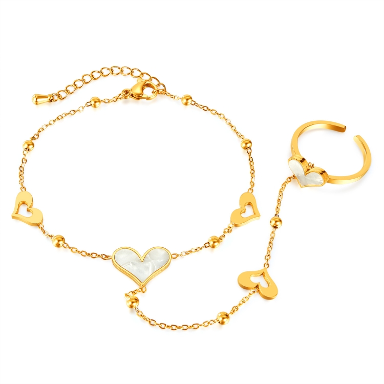 2 in 1 Simple Stainless Steel Hand Back Chain Love Heart Ring Bracelet Integrated Hand Jewelry