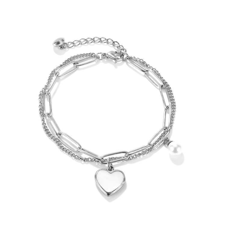 OPK 1106 Cold Style Personalized Double Layer Temperament Peach Heart Pearl Stainless Steel Bracelet