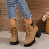 Spring Autumn Women Short Boots Chunky High Heel Leather Boots Lace-up Ladies Shoes