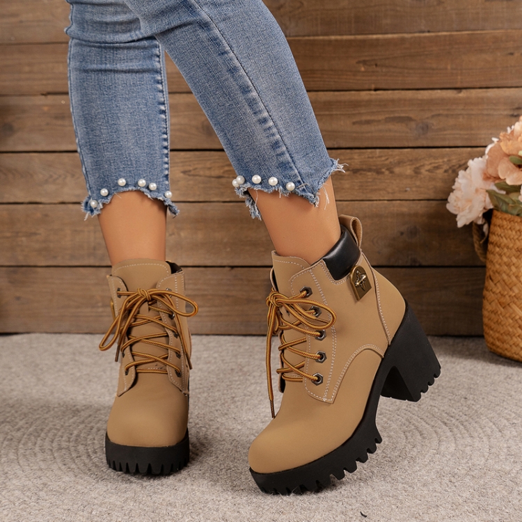 Spring Autumn Women Short Boots Chunky High Heel Leather Boots Lace-up Ladies Shoes