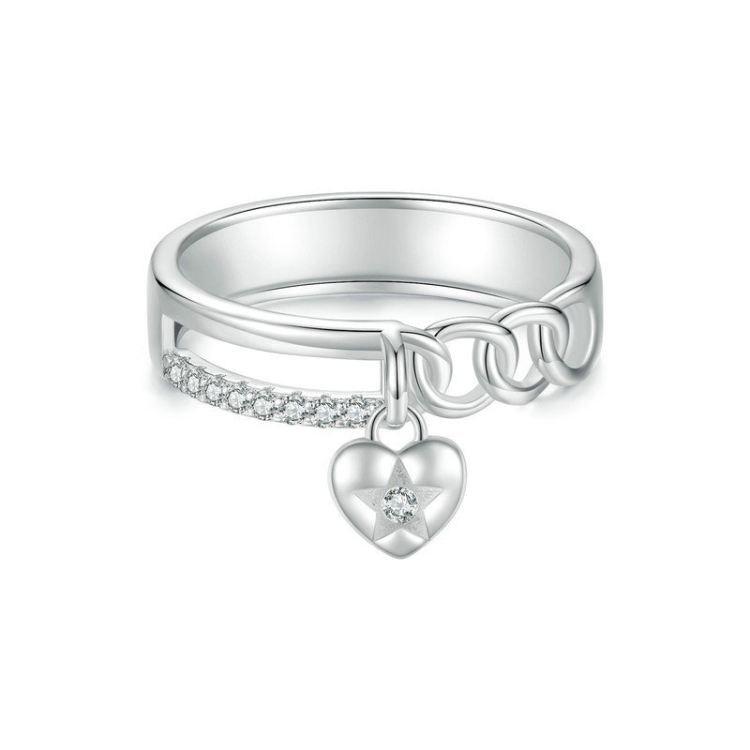 S925 Sterling Silver Platinum-plated Double-layer Chain Heart-shaped Ring