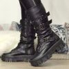Fall Winter Women Thick Bottom Leather Boots Mid Calf Lace-up Side Zipper Botas