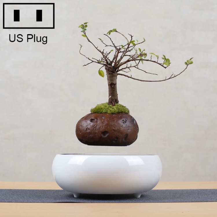 Soil Color Flower Pot + Imitation Ceramic Resin Base Magnetic Levitation Potted Plant Home Decoration, US Plug