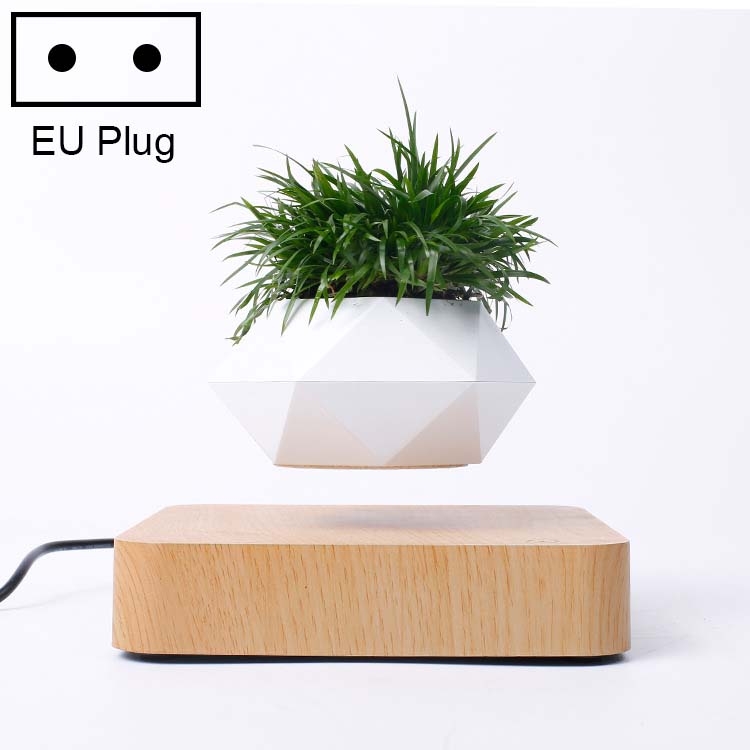 Diamond Plastic Flower Pot + Dark Wood Grain Base Magnetic Levitation Potted Plant Home Decoration, EU Plug